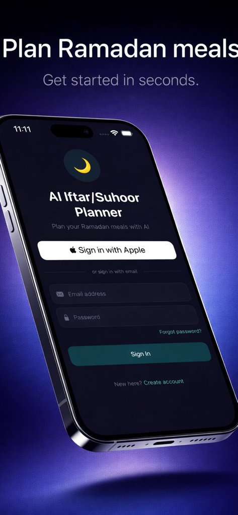 Pantalla de inicio de sesión de la aplicación Planificador AI de Iftar y Suhoor con "Iniciar sesión con Apple"