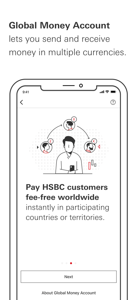 HSBC UAE mobile app screen showing Global Money Account for worldwide transfers