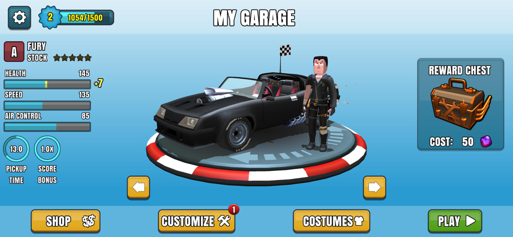 Faily Brakes 2 - Faily Brakes 2 My Garage screen featuring a black car and character customization options