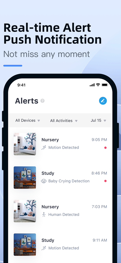 Interfaz de la aplicación YI Smart que muestra alertas de seguridad en tiempo real para la detección de movimiento y llanto de bebés en diferentes habitaciones.