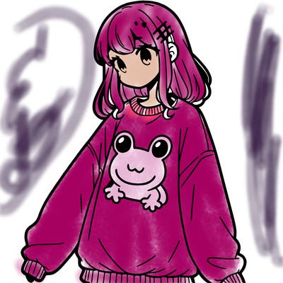 girl wearing frogging sweatshirt