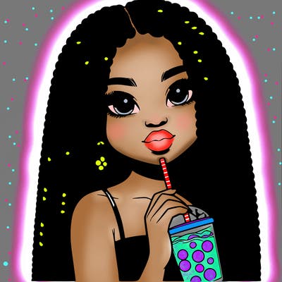 realistic girl holding a boba with braided hair