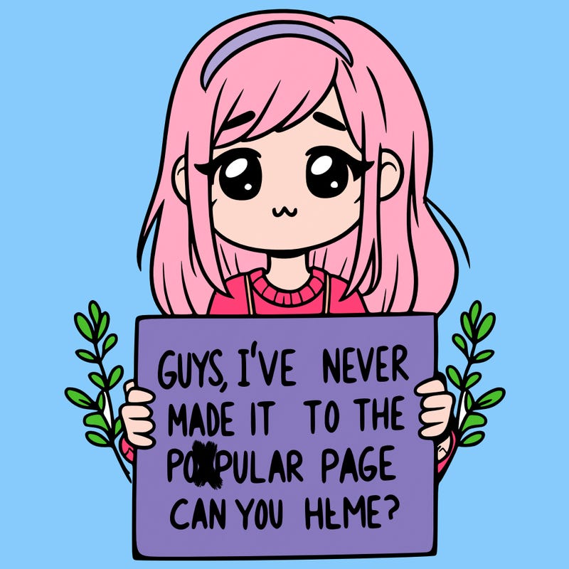 a girl holding up a sign that says, guys, i’ve never made it to the popular page, can you help me?