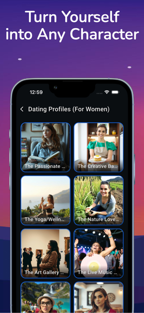 AI Face Swap Video Photo Maker - App screen showing AI-generated dating profile options for women with various lifestyle themes
