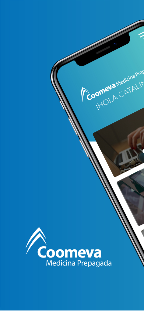 Smartphone displaying the Coomeva Medicina Prepagada app interface on a blue background