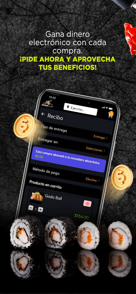 SushiGada - Mobile screen of SushiGada app displaying electronic wallet benefits and sushi order details
