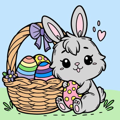 cute easter bunny in a basket with easter eggs