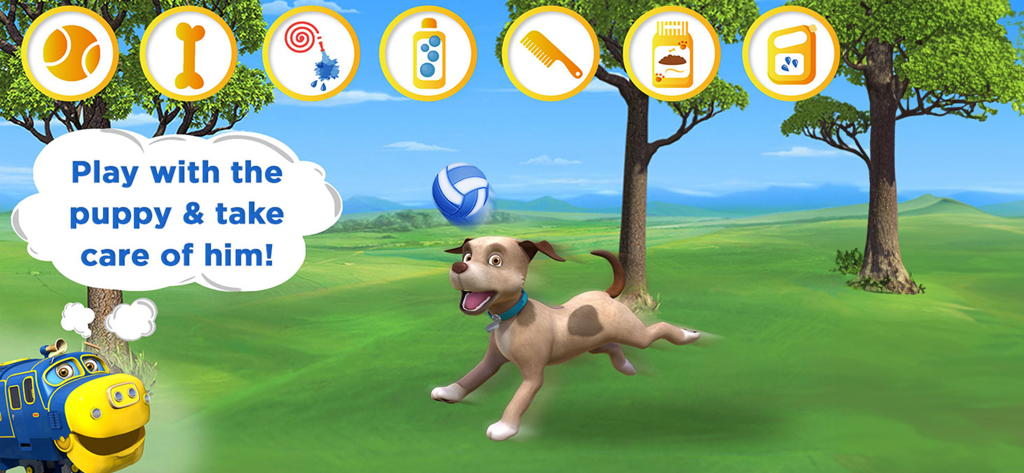ブリュースターという名前のチャギントンの電車と、チャギントンアプリ内の様々なペットケアアクティビティアイコンと一緒に、緑の野原を走る子犬。