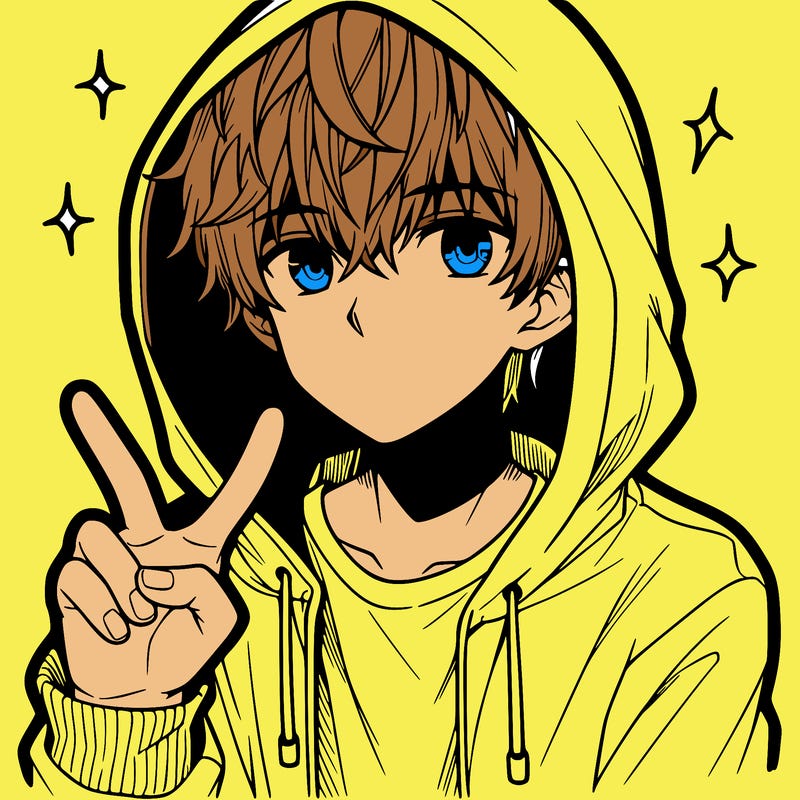 teenage manga boy in a hoodie, doing ✌