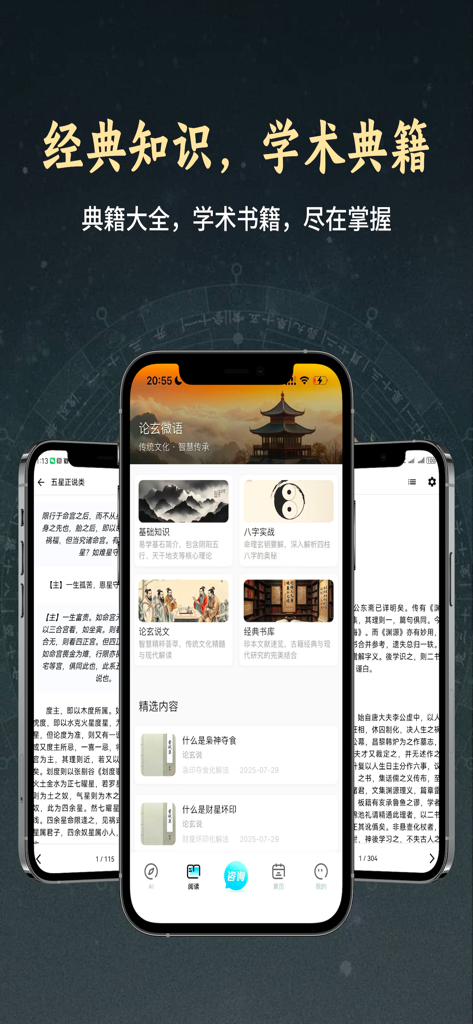 论玄 - Lun Xuan mobile app displaying a library of traditional Chinese classics and reading interface