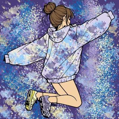 realistic girl jumping with a bun and oversized sweatshirt