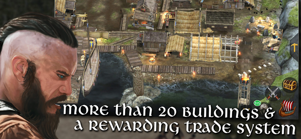 Vikings at War - Vikings at War game screenshot showing a coastal settlement with wooden buildings and a longship