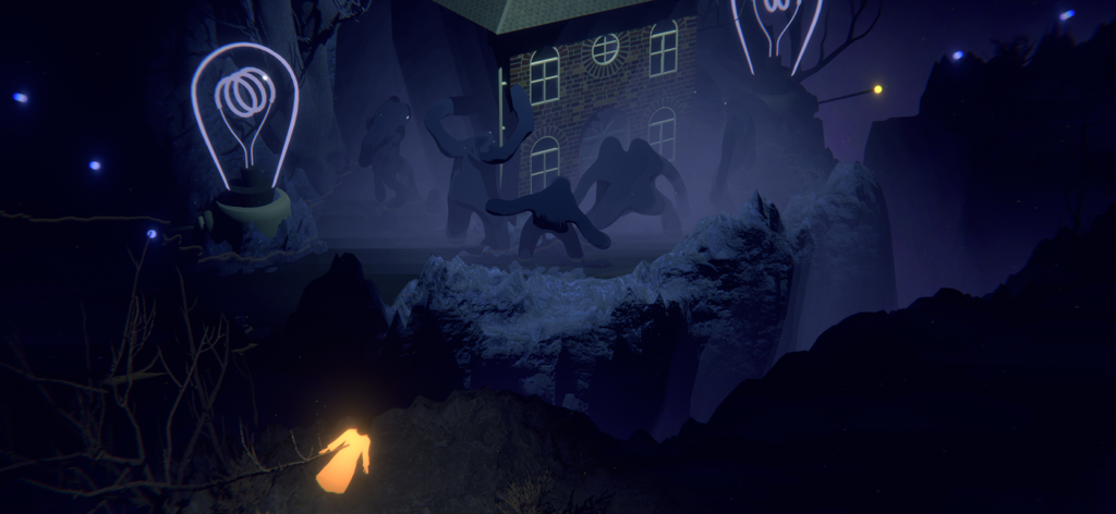 The Forest Quartet - A glowing spirit character stands in a dark rocky landscape facing shadowy figures and a house with large lightbulb icons.