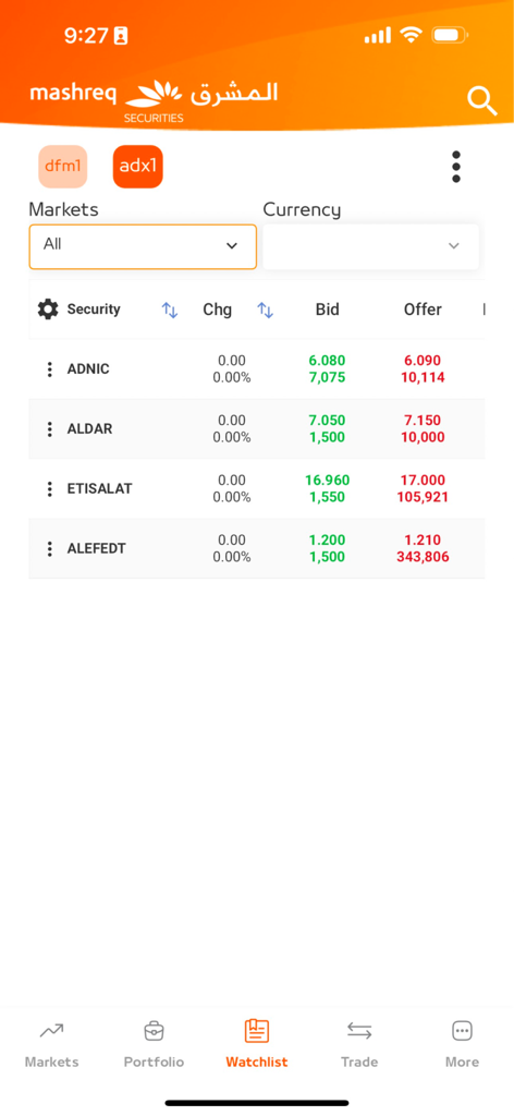 Mashreq Trade UAE - Watchlist screen of Mashreq Trade UAE app showing real-time stock quotes for UAE markets including ADNIC and ETISALAT