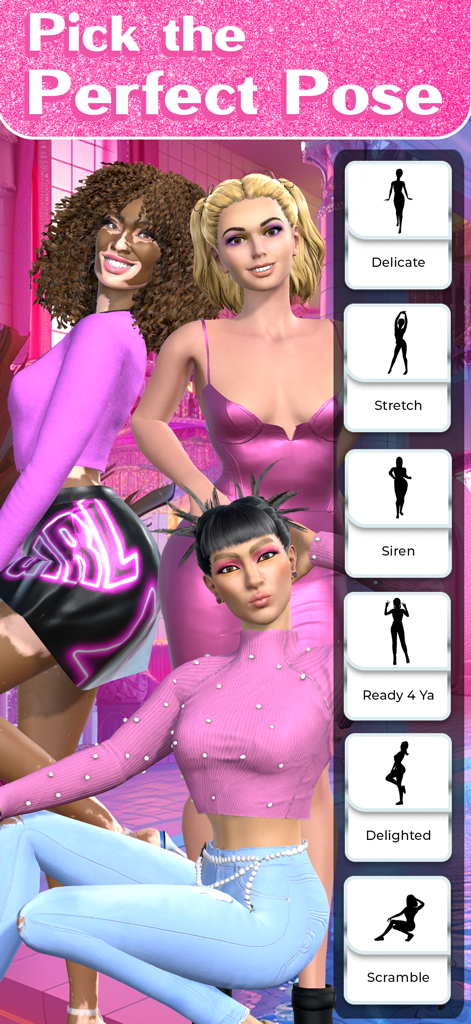 Three diverse 3D models showing various pose options in a fashion game menu