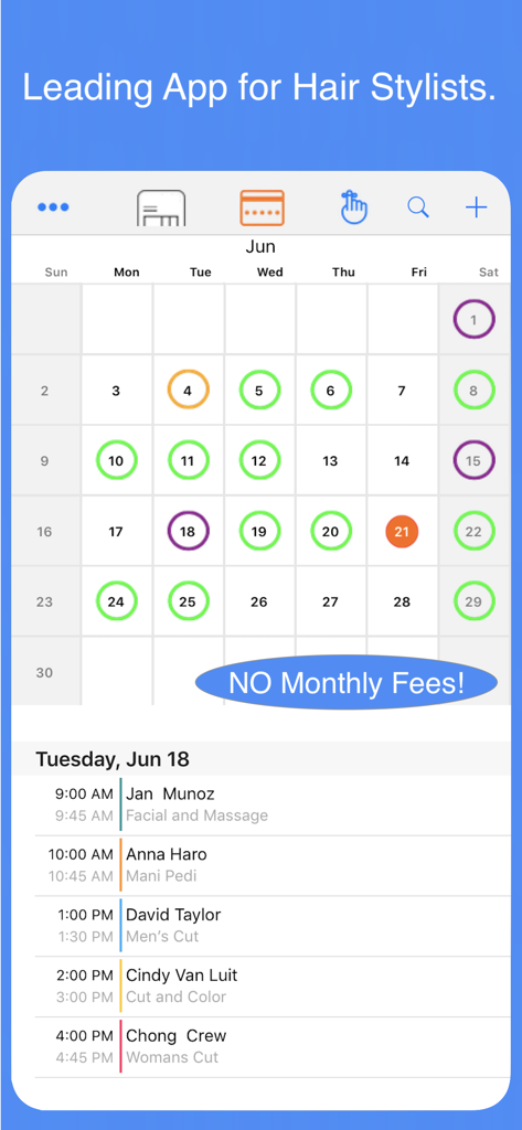 Monthly calendar and daily appointment schedule for salon professionals in the Hair Stylist Pro app