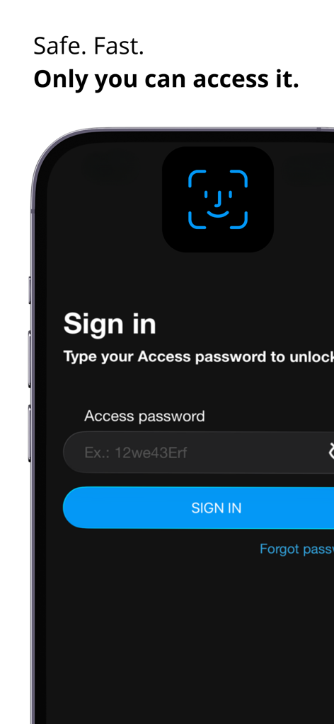 iSenhas - Password Manager - Pantalla de inicio de sesión de la aplicación iSenhas con autenticación biométrica FaceID y entrada de contraseña de acceso