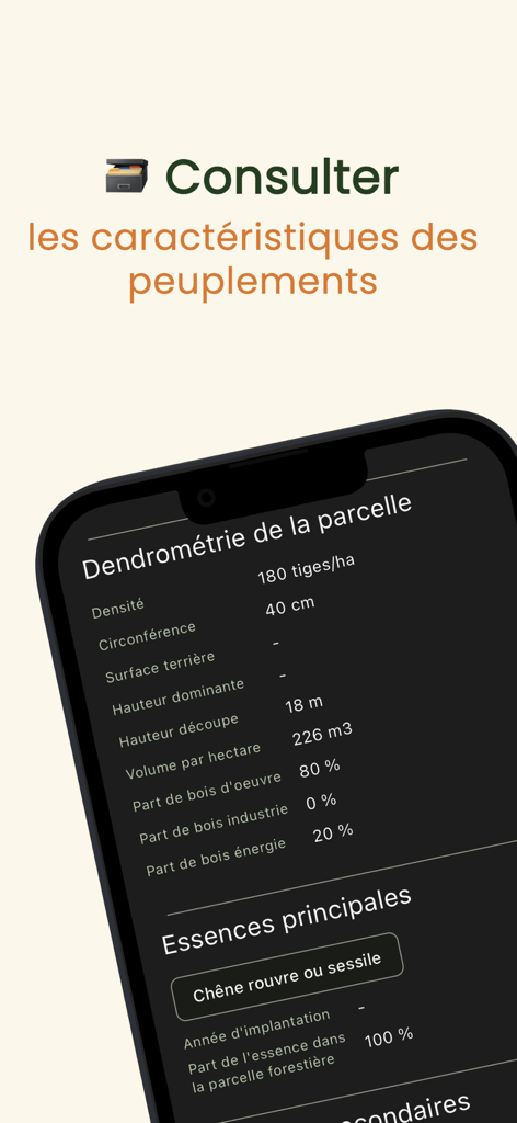 Screenshot der MaForet App mit Dendrometrie-Daten und Baumarten für eine Waldparzelle.