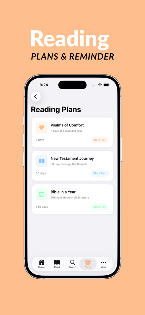 Bible App For Everyone - IPhone screen of the Bible App For Everyone showing reading plans including Psalms of Comfort and Bible in a Year