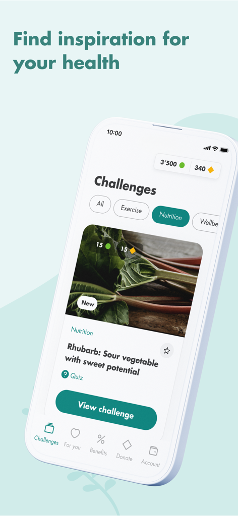 A mobile phone displaying the SWICA Benevita app interface with nutrition challenges and health reward points.