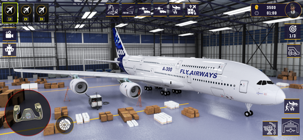 Pilot Airplane Simulator Games - Un gran avión comercial de la aerolínea Fly Airways dentro de un hangar de mantenimiento en el juego Pilot Airplane Simulator.