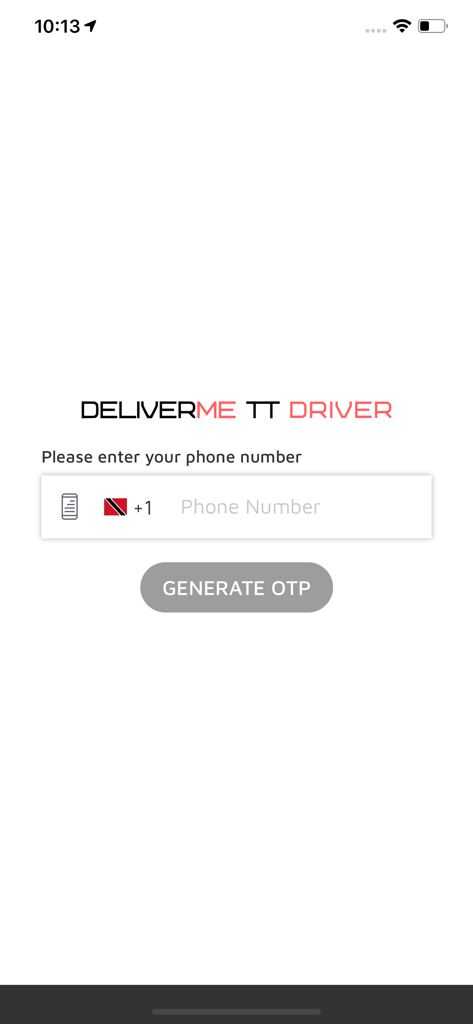 DeliverMe TT Driver - Login screen of DeliverMe TT Driver app with phone number input and generate OTP button