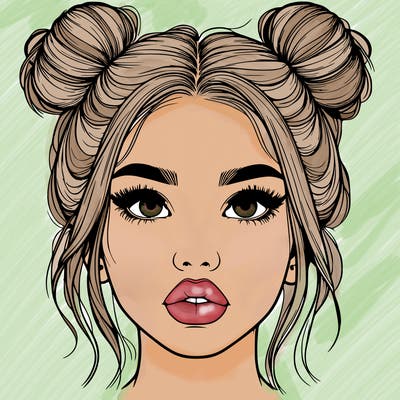 realistic girl with two buns on her hair and lips