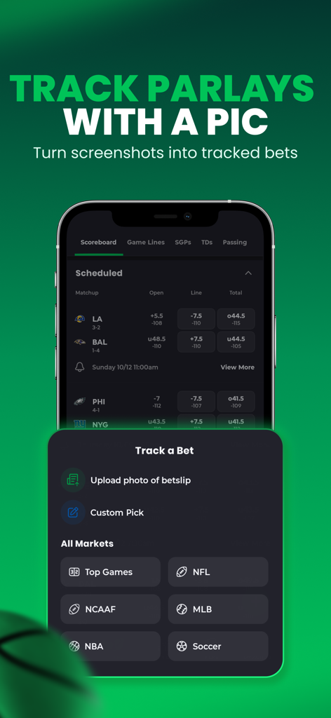 ベットスリップの写真をアップロードして、パーレイやスポーツベットを追跡する方法を示しているAction Networkアプリのインターフェース