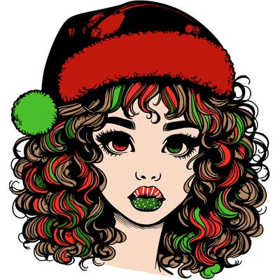 realistic girl with a santa hat curly hair and lips