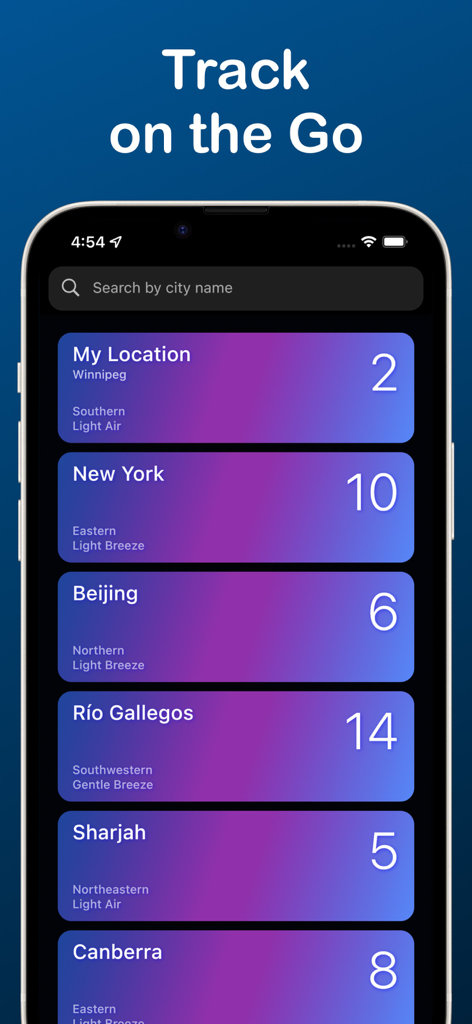 Windometer: Wind Speed Tracker - Windometer 앱의 저장된 전 세계 위치 목록은 여러 도시의 실시간 풍속 및 풍향 데이터를 보여줍니다.