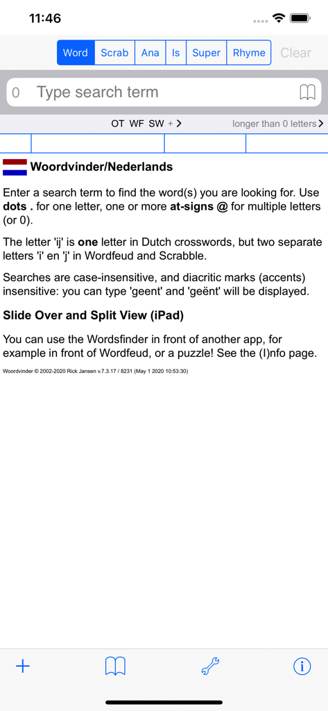 Startbildschirm der niederländischen Wortfinder-App mit Suchleiste und Anweisungen.