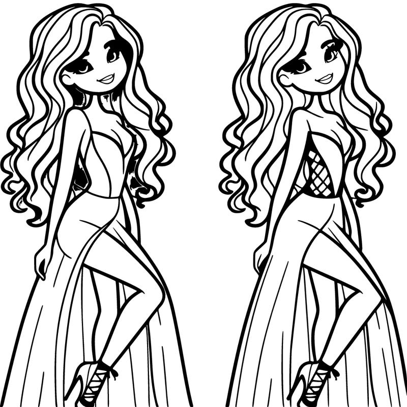 create a fashion model wearing a long dress with one of those long cuts in it and she is bending her front leg, smiling white long curly hair