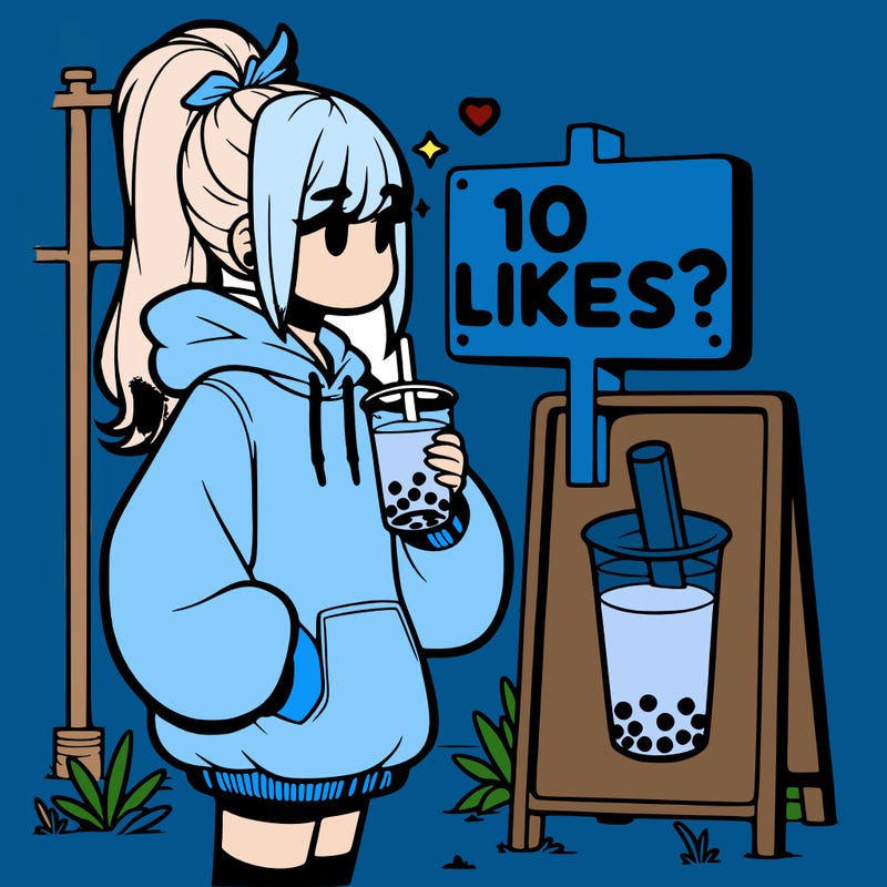 girl with oversized hoodie drinking boba and she has a high ponytail with a sign that says 10likes?