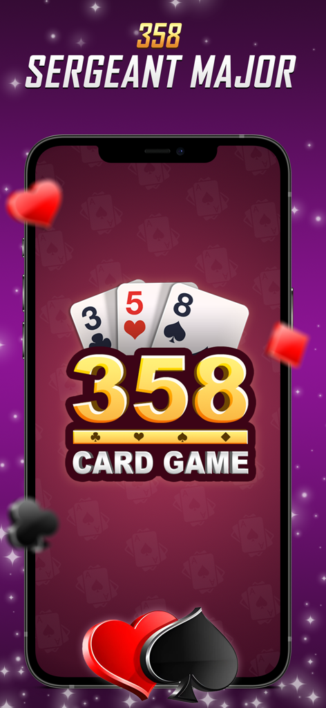 358 Card Game - 358 Sergeant Major card game title screen on a mobile phone showing 3 5 8 cards and card suits