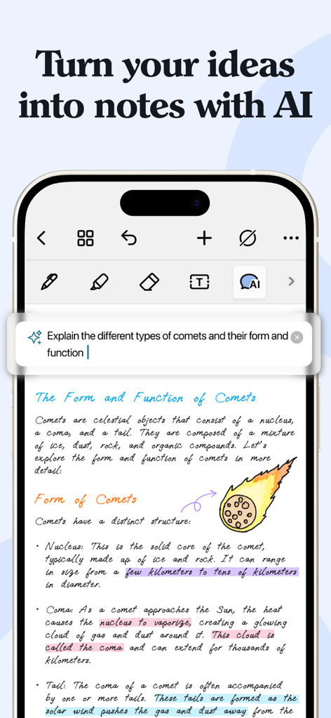 iPhone screen showing Noteshelf 3 app using AI to generate handwritten notes and illustrations about comets