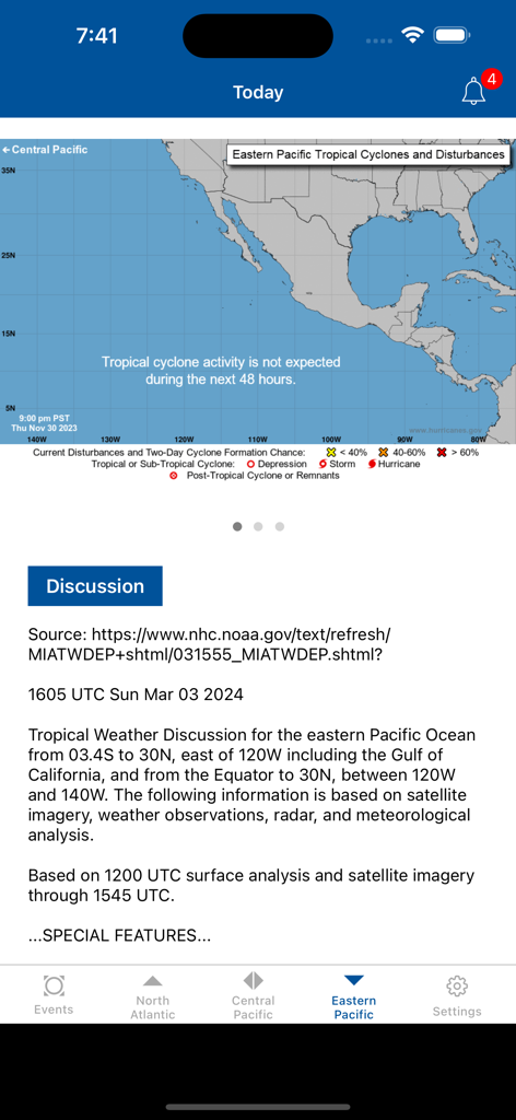 Uno screenshot dell'app NOAA Center Hurricane che mostra una mappa e una discussione sul meteo per la regione del Pacifico orientale