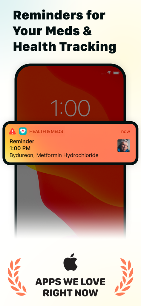 Medication Reminder & Pill Log - Ein iPhone-Sperrbildschirm, der eine Medikamenten-Erinnerungsbenachrichtigung für Bydureon und Metformin mit einer Empfehlung von "Apple Apps We Love" anzeigt.