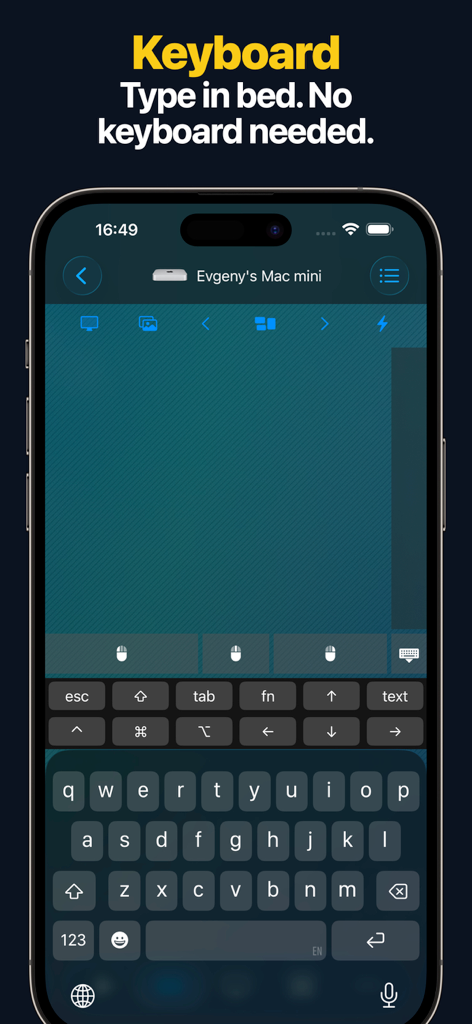 Remote, Mouse & Keyboard Pro - Interfaz de teclado remoto en un iPhone utilizada para escribir en un Mac mini de forma inalámbrica