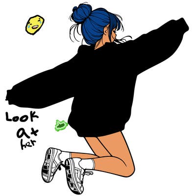 realistic girl jumping with a bun and oversized sweatshirt