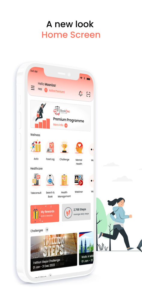 The home screen of the BookDoc app featuring wellness and healthcare categories with step tracking and rewards