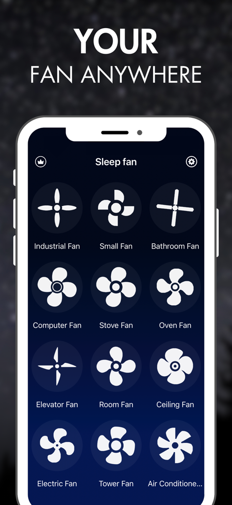 Box Fan Sound - Box Fan Sound app interface showing twelve different fan sound options for sleeping