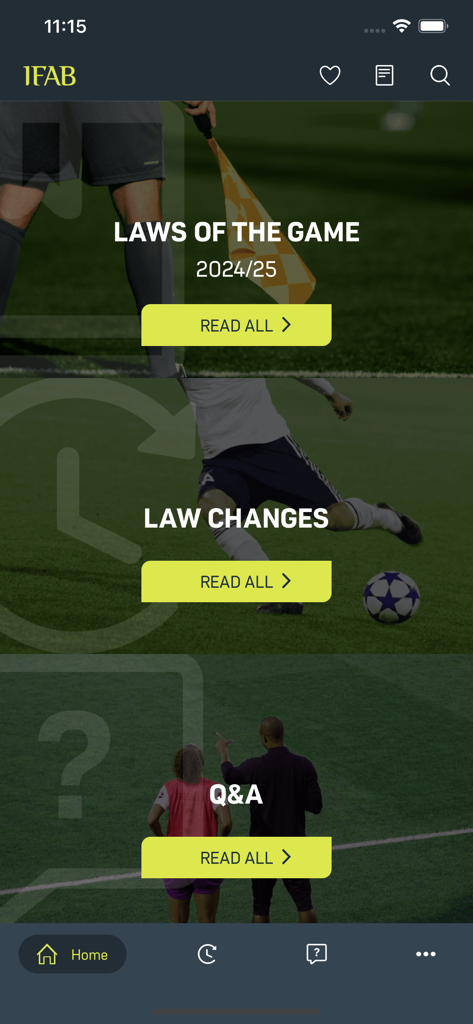 Laws of the Game - The home screen of the IFAB Laws of the Game app featuring sections for soccer rules and Q&A