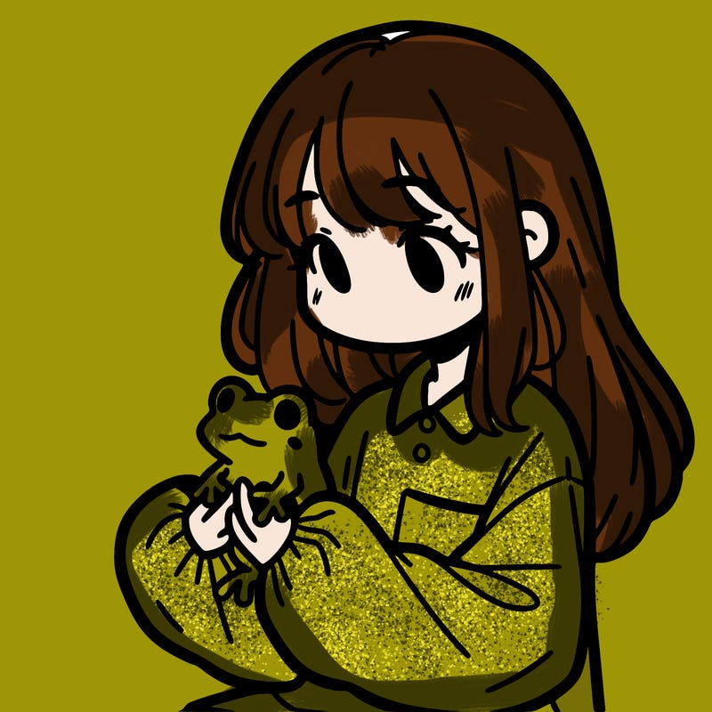 girl with long hair and a oversized shirt. and she is holding a frog