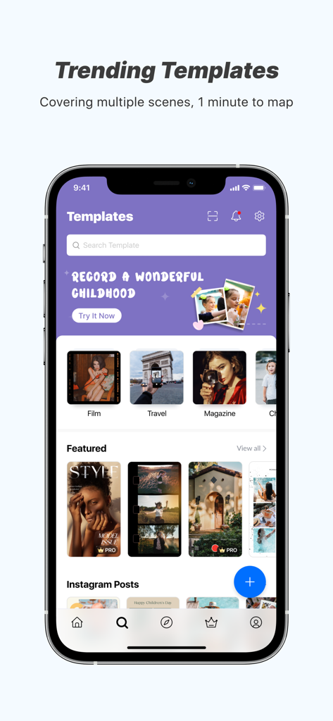 Flow Studio: AI Photo & Design - ソーシャルメディアコンテンツ作成のためのトレンドテンプレートを表示するFlow Studioアプリのインターフェース。