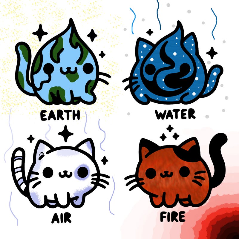4 cats that represent the different elements, earth, water, air, and fire