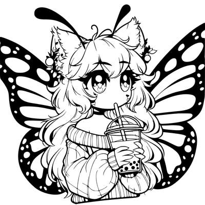 a realistic butterfly/furry girl drinking boba