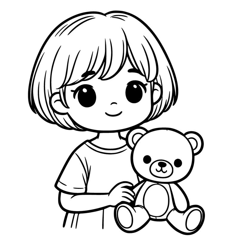 a little girl with short hair and a old stuff bear