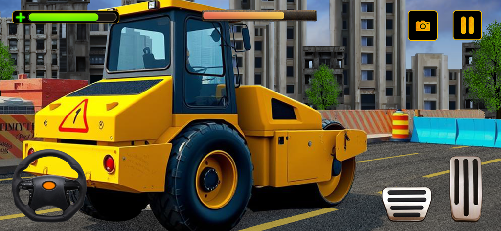Excavator Simulator Truck Game - A yellow road roller vehicle being operated on a city street in a construction simulation game