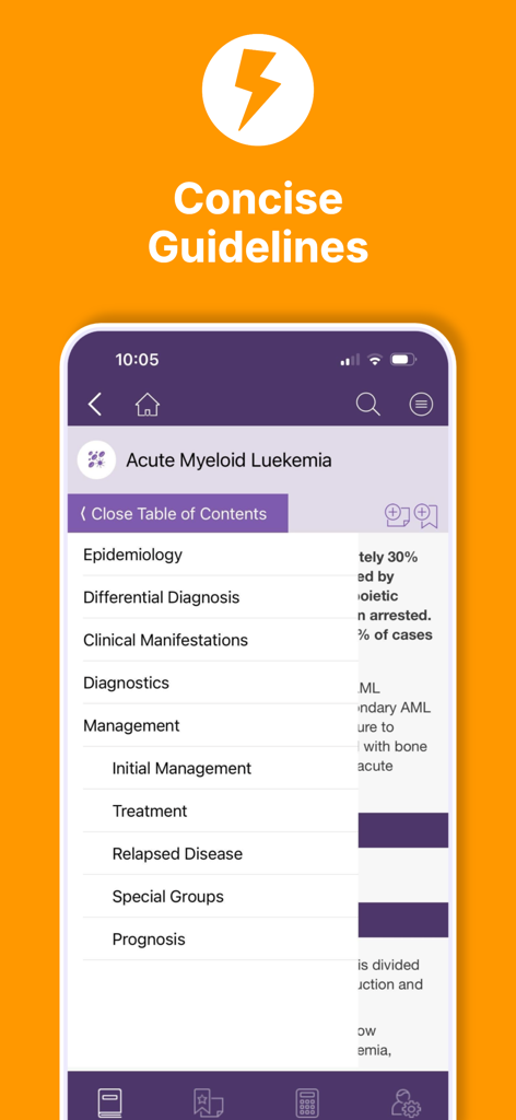 Interface do aplicativo Sanford Guide Pediátrico exibindo diretrizes clínicas concisas e índice para Leucemia Mieloide Aguda.