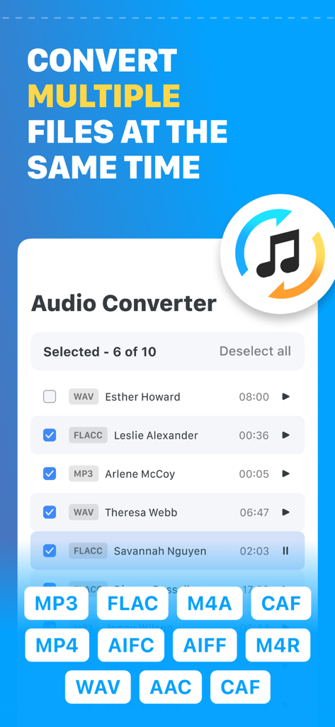 My Converter: Music & Audio - Interfaz de la aplicación My Converter mostrando la conversión por lotes de múltiples archivos de audio a formatos como MP3 FLAC y WAV